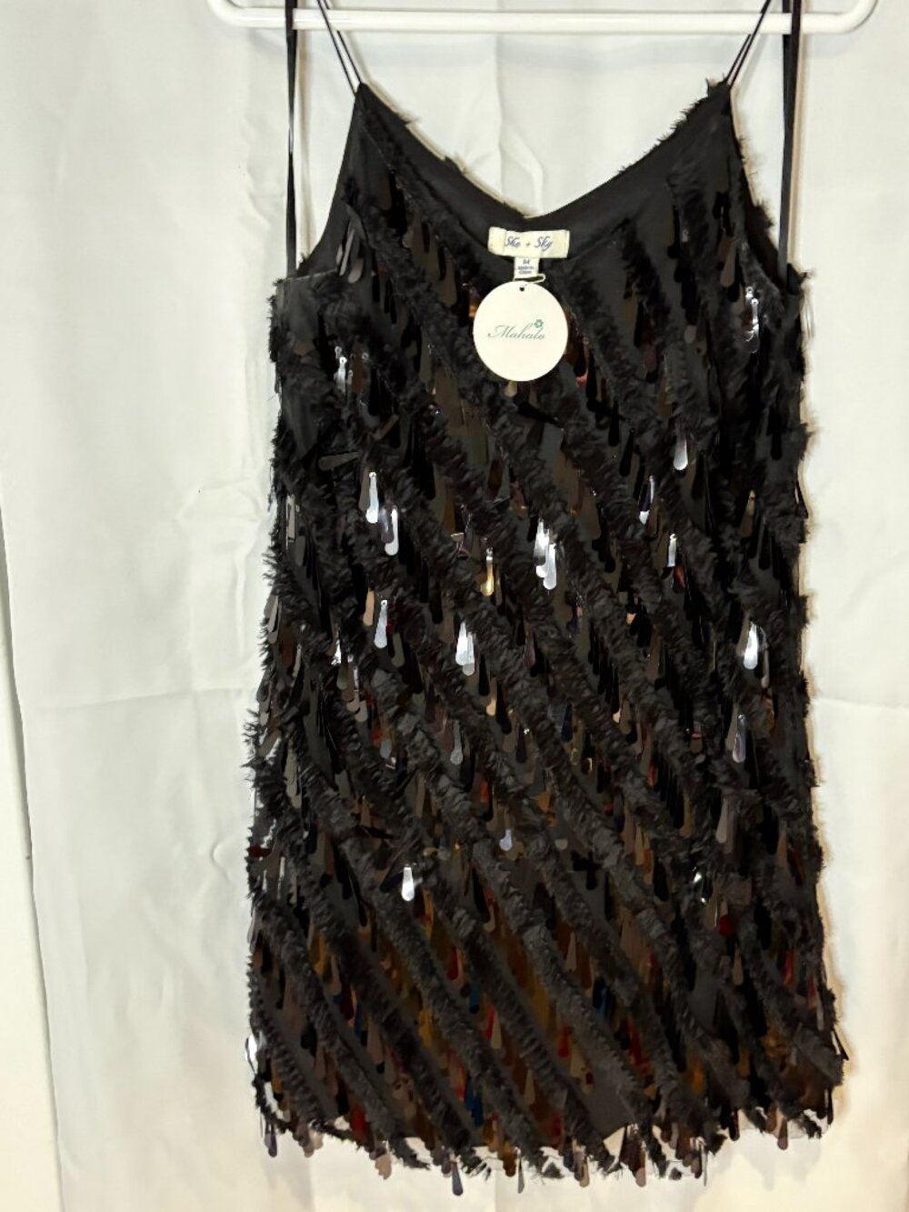NWT She + Sky Black Sequin Fringe Mini Dress Size Medium